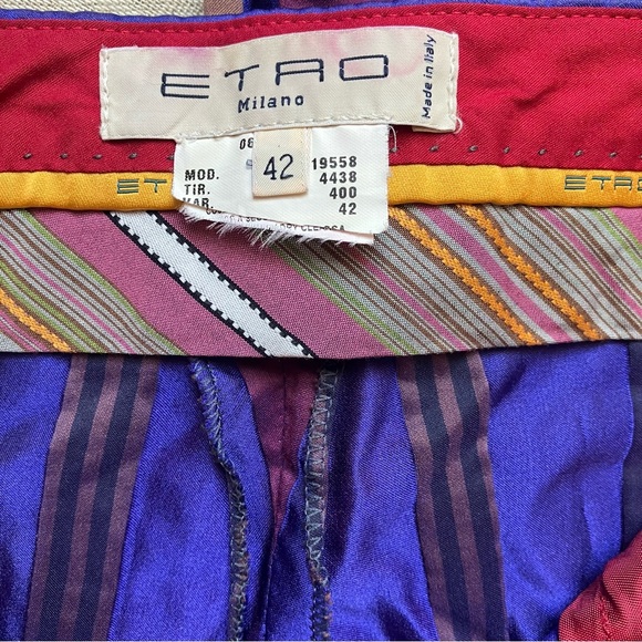 Vintage Etro Milano Purple Striped Silk Bellbottom Pants size 42 - Picture 8 of 8